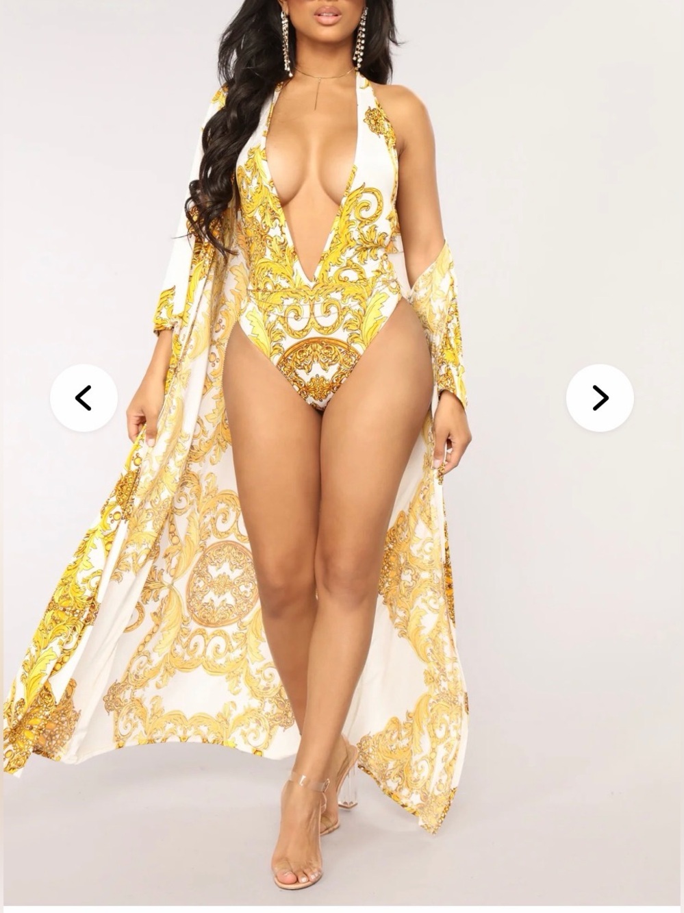Fashion Nova White & Gold Plunging One-Piece Swimsuit with Matching Cover-Up